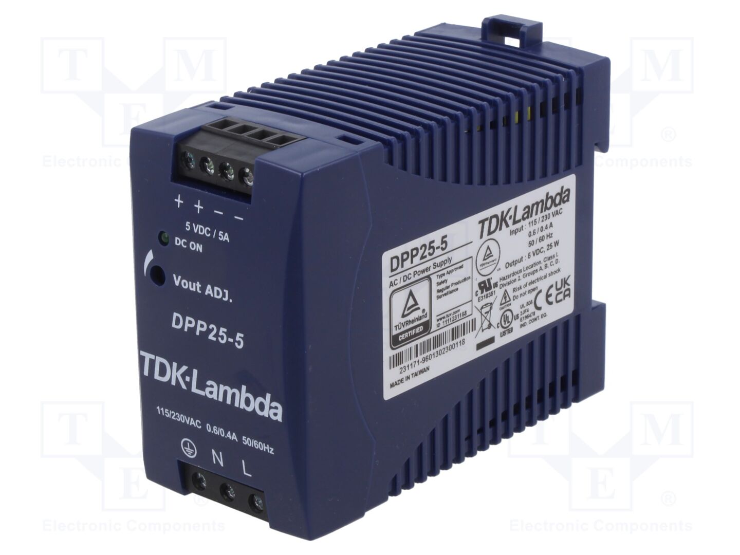 TDK-LAMBDA DPP25-5 DIN-kiskoon asennettava kytkentäsähkönsyöttö 25W 5VDC