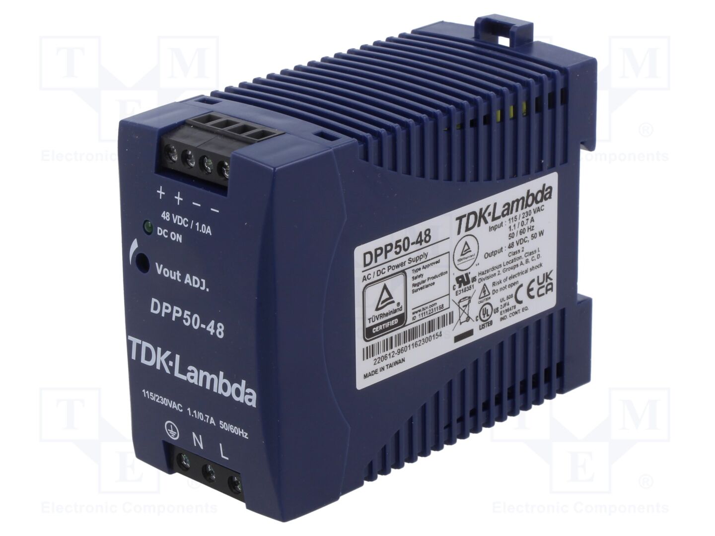 TDK-LAMBDA DPP50-48 DIN-kiskoon kiinnitettävä kytkentävirtalähde 50W 48VDC