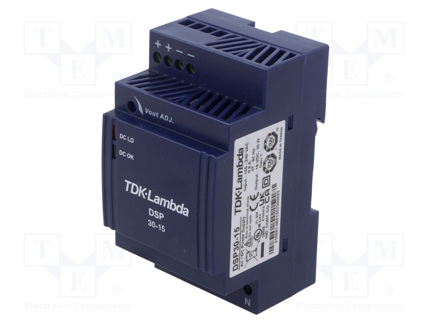 TDK-LAMBDA DSP30-15 DIN-kiskoon asennettava kytkentäsähkönsyöttö 30W 15VDC