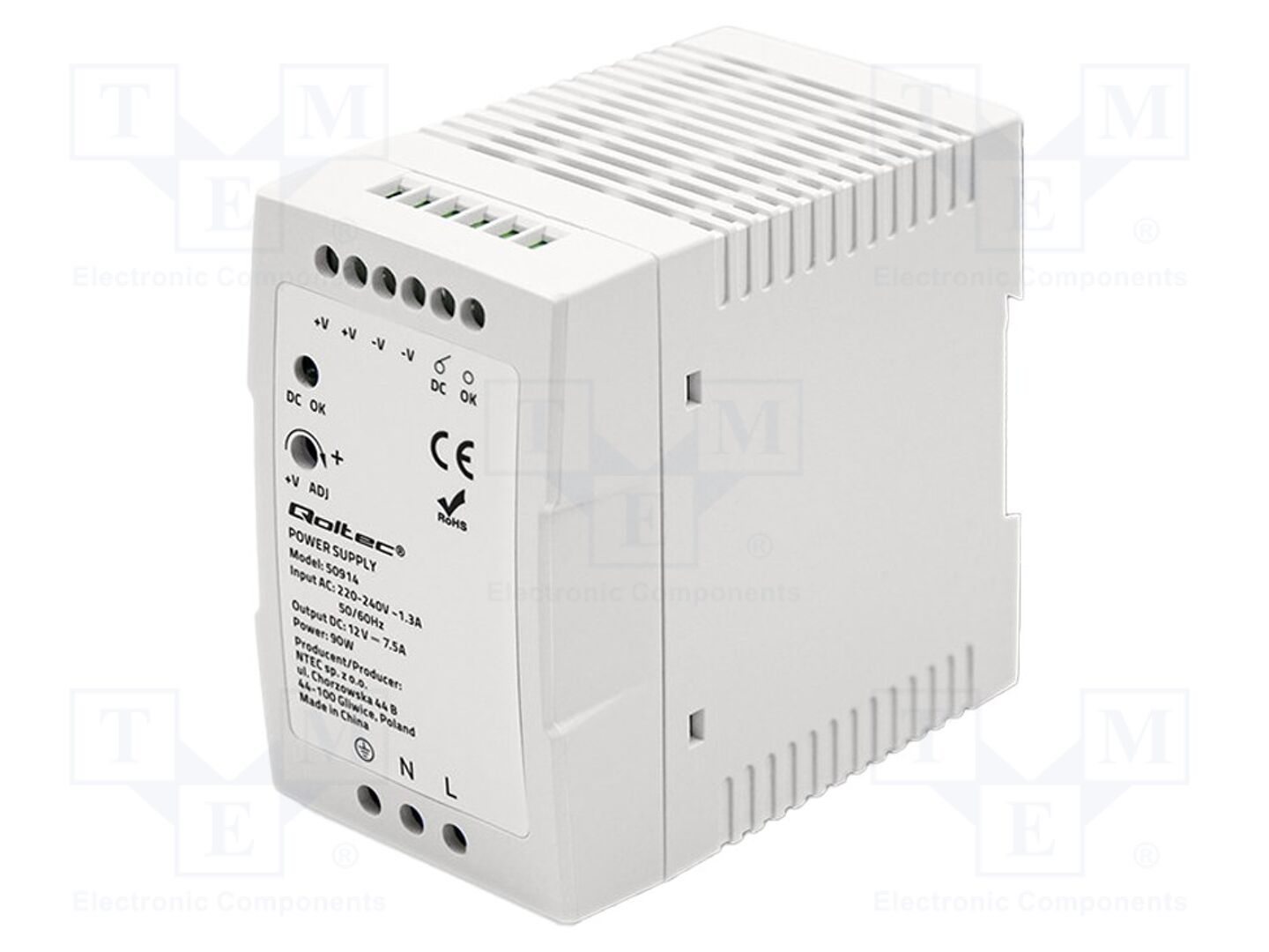 QOLTEC 50914 DIN-kiskoon kiinnitettävä kytkentäsähkönsyöttö 90W 12VDC 7,5A