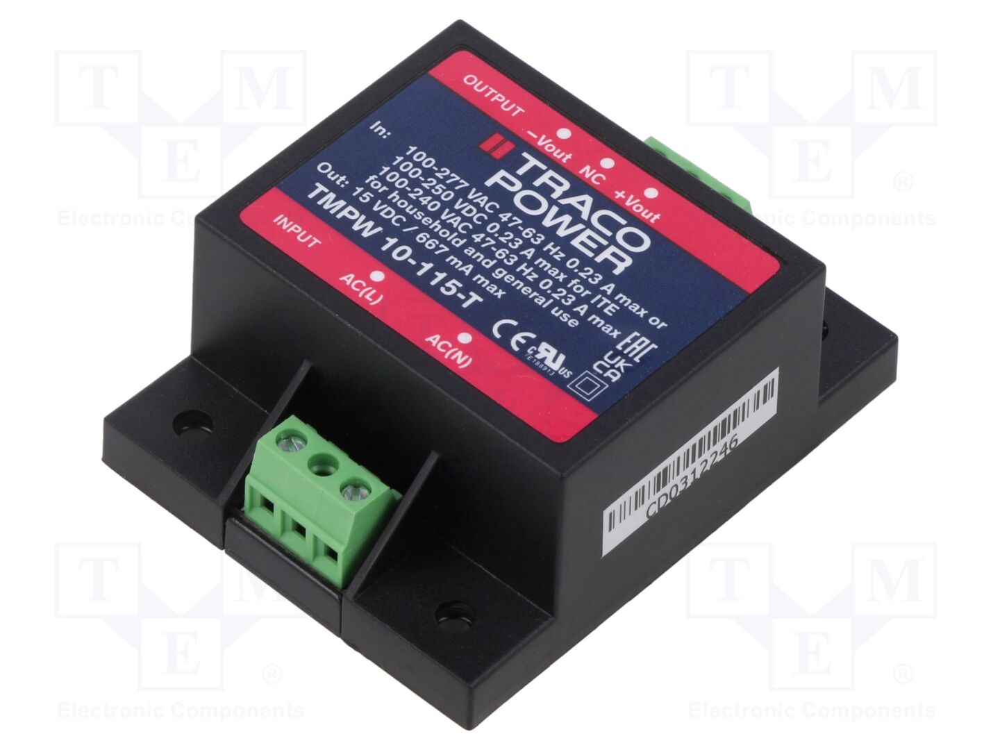 TRACO POWER TMPW10-115-T Sisäänrakennettu kytkentäsähkölaite 10W 15VDC