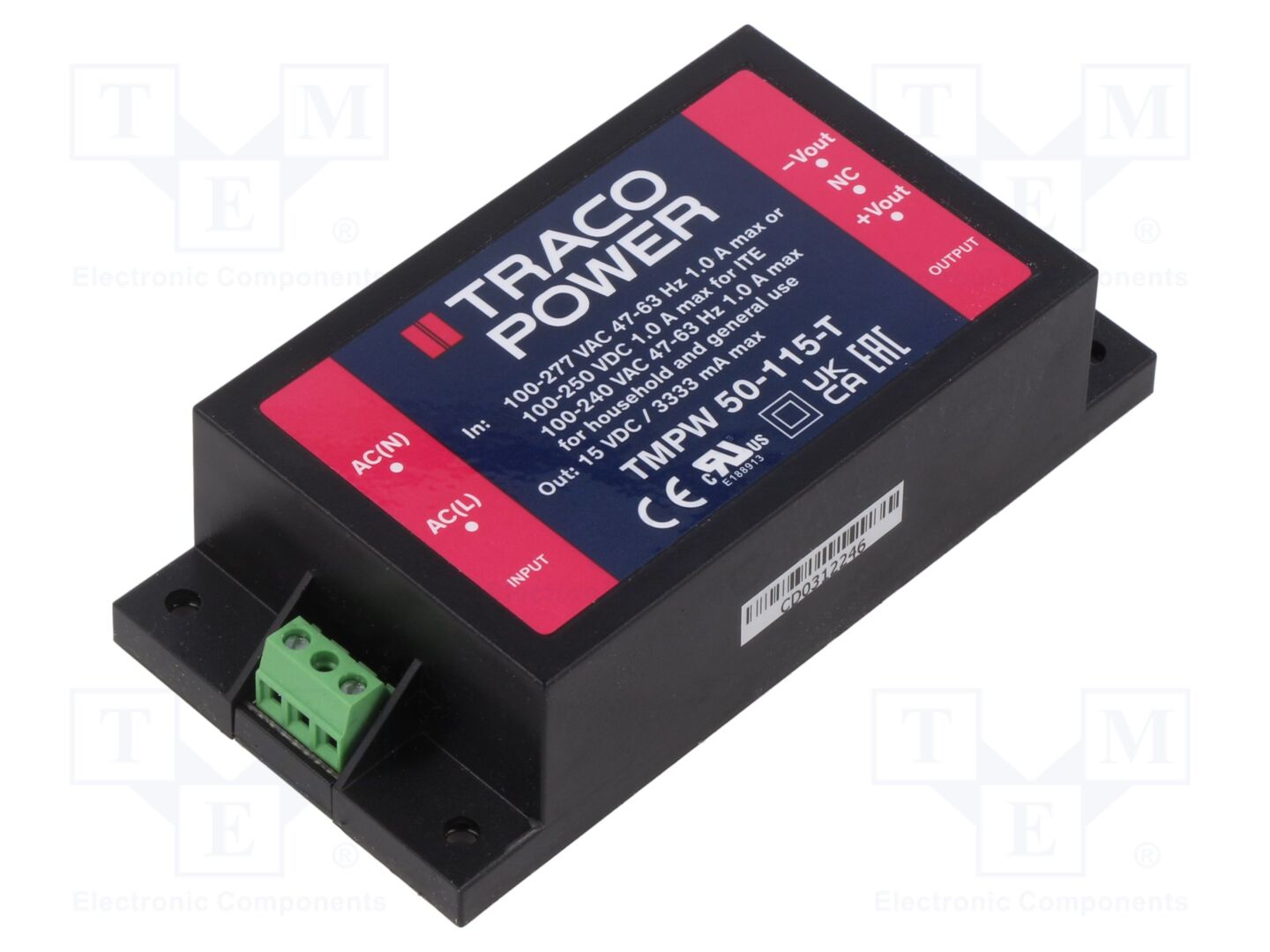 TRACO POWER TMPW50-115-T Sisäänrakennettu kytkentäsähkönsyöttö 50W 15VDC