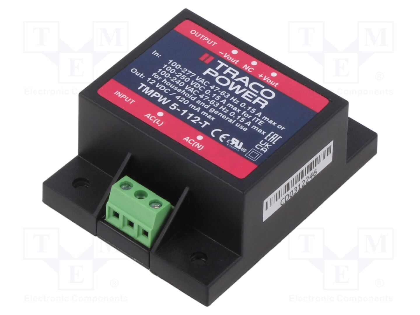 TRACO POWER TMPW5-112-T Sisäänrakennettu kytkentäsähkölaite 5W 12VDC