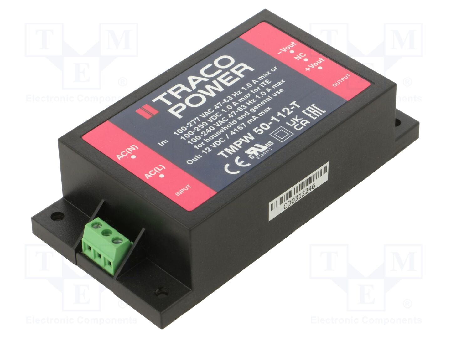 TRACO POWER TMPW50-112-T Sisäänrakennettu kytkentäsähkölaite 50W 12VDC