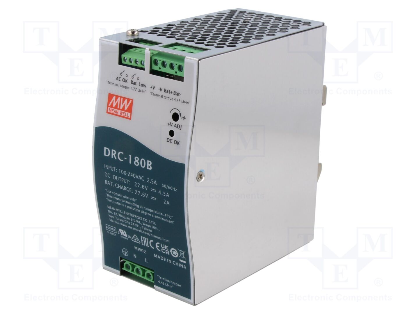 MEAN WELL DRC-180B DIN-kiskoon kiinnitettävä kytkentäsähkölaite 180W 27.6VDC 4.5A