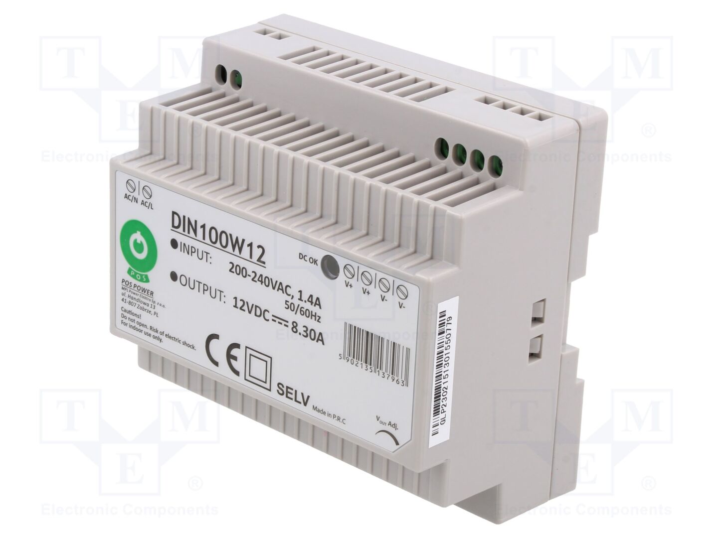 POS POS-DIN100W12 DIN-kiskoon asennettava kytkentäsähkölaite 100W 12VDC
