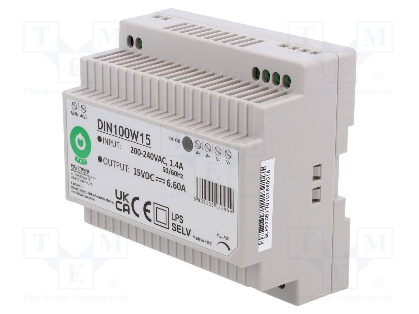POS POS-DIN100W15 Kytkinmuuntaja DIN-kiskolle 100W 15VDC
