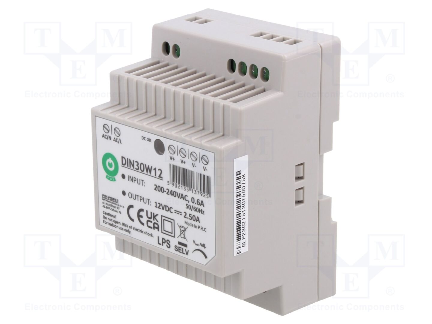 POS DIN30W12 Kytkentäsähkölaite DIN-kiskoon 30W 12VDC
