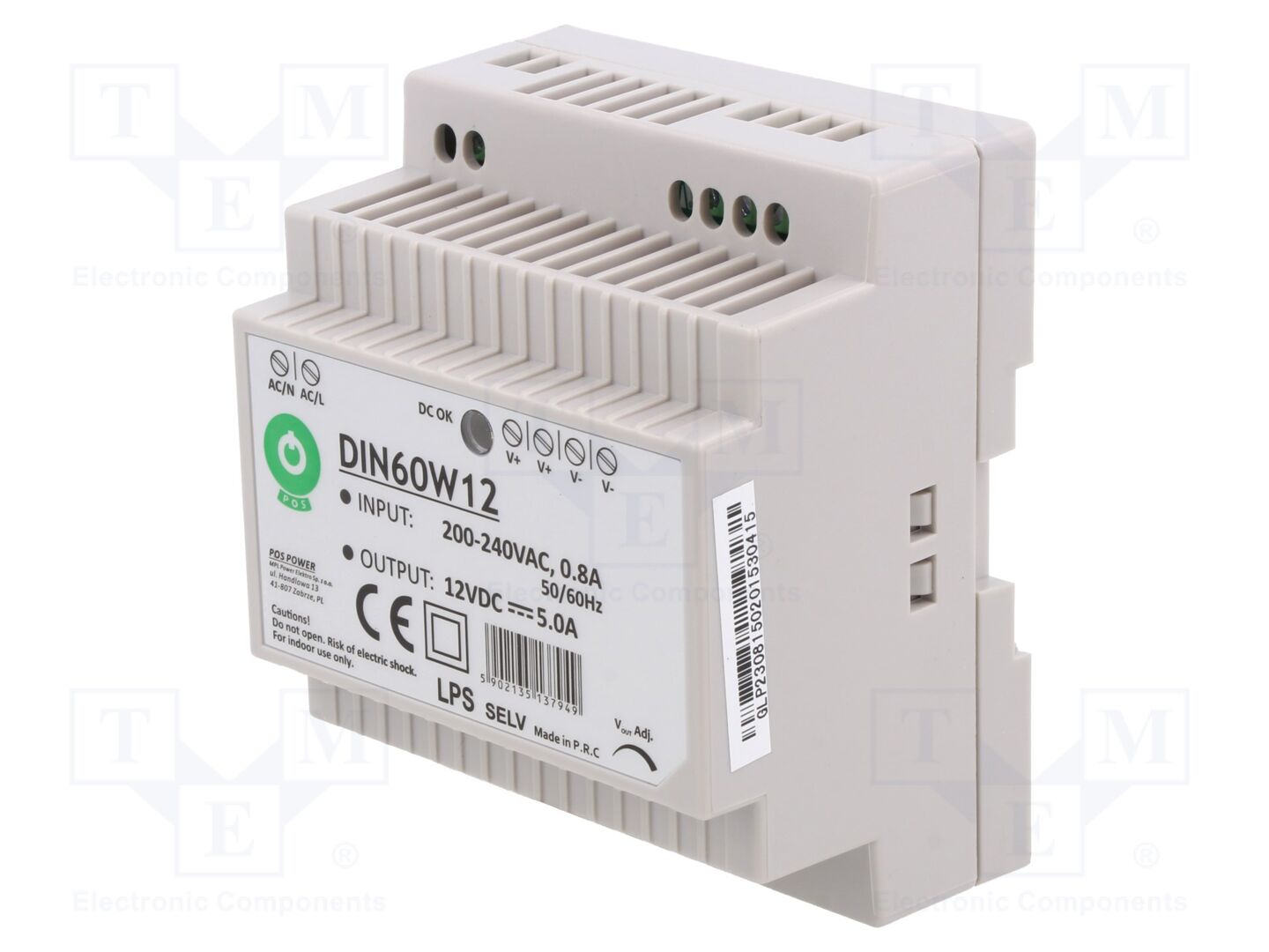 POS DIN60W12 Kytkinmuuntaja DIN-kiskoon 60W 12VDC