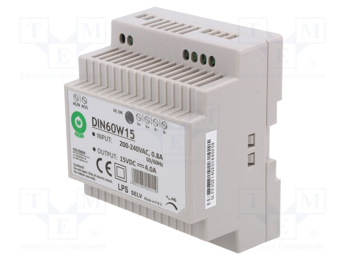 POS POS-DIN60W15 DIN-kiskoon asennettava kytkentävirtalähde 60W 15VDC