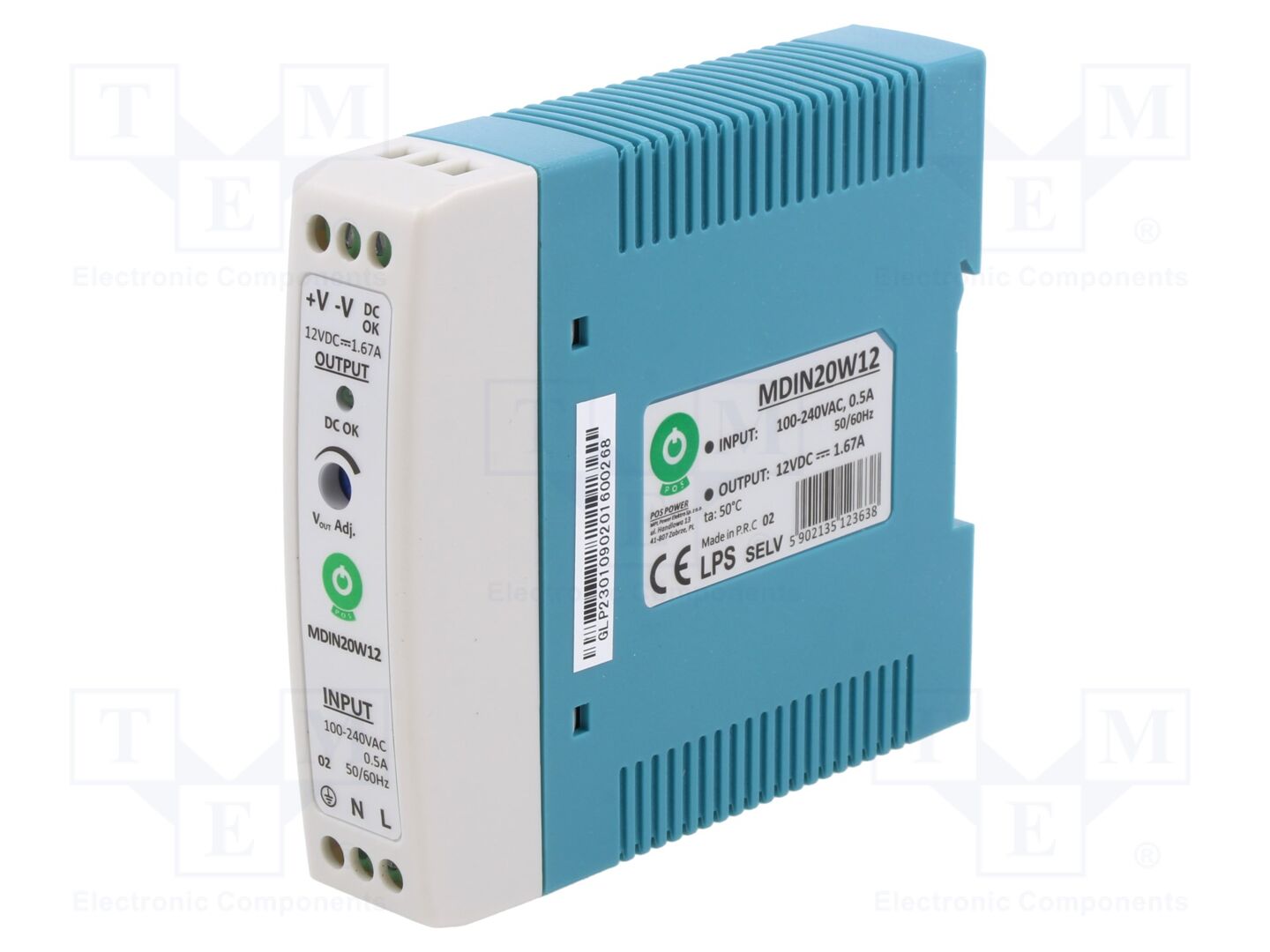 POS MDIN20W12 DIN-kiskoon asennettava kytkentävirtalähde 20W 12VDC