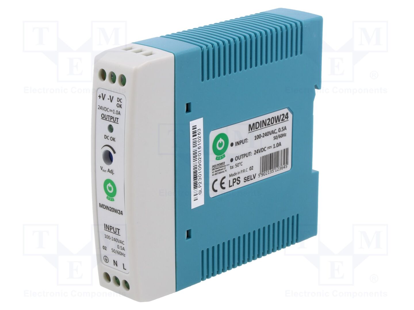 POS MDIN20W24 DIN-kiskoon asennettava kytkentäsähkönsyöttö 20W 24VDC