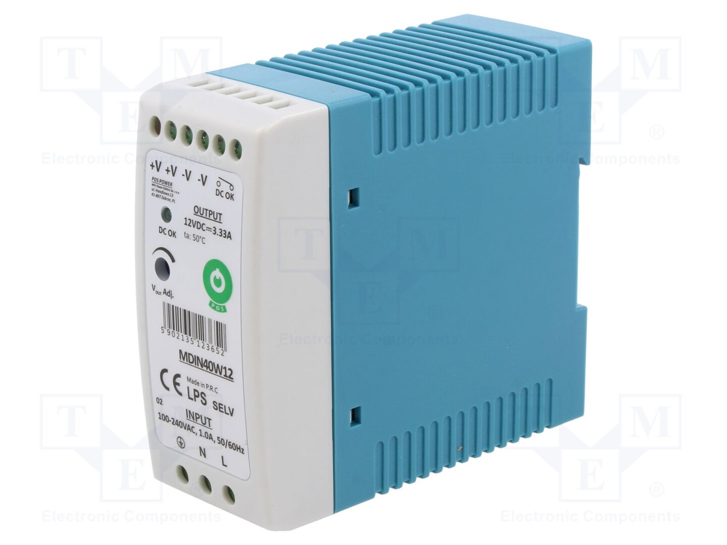 POS MDIN40W12 DIN-kiskoon asennettava kytkentävirtalähde 40W 12VDC