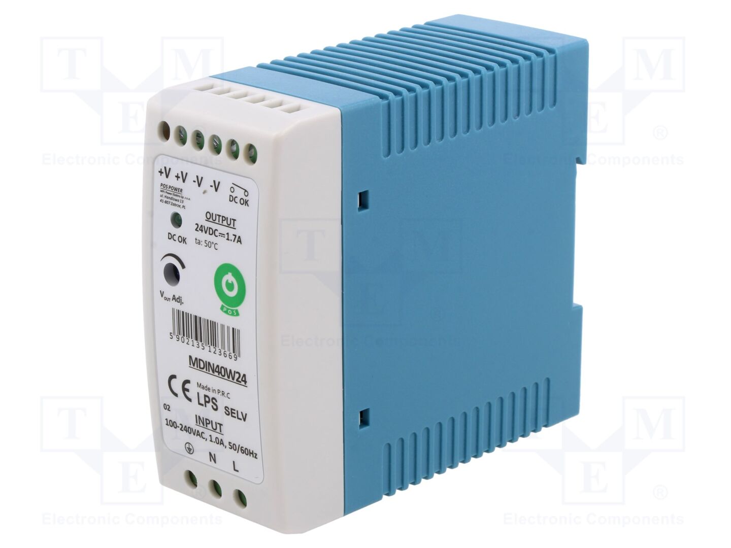POS MDIN40W24 DIN-kiskoon asennettava kytkentäsähkönsyöttö 40W 24VDC