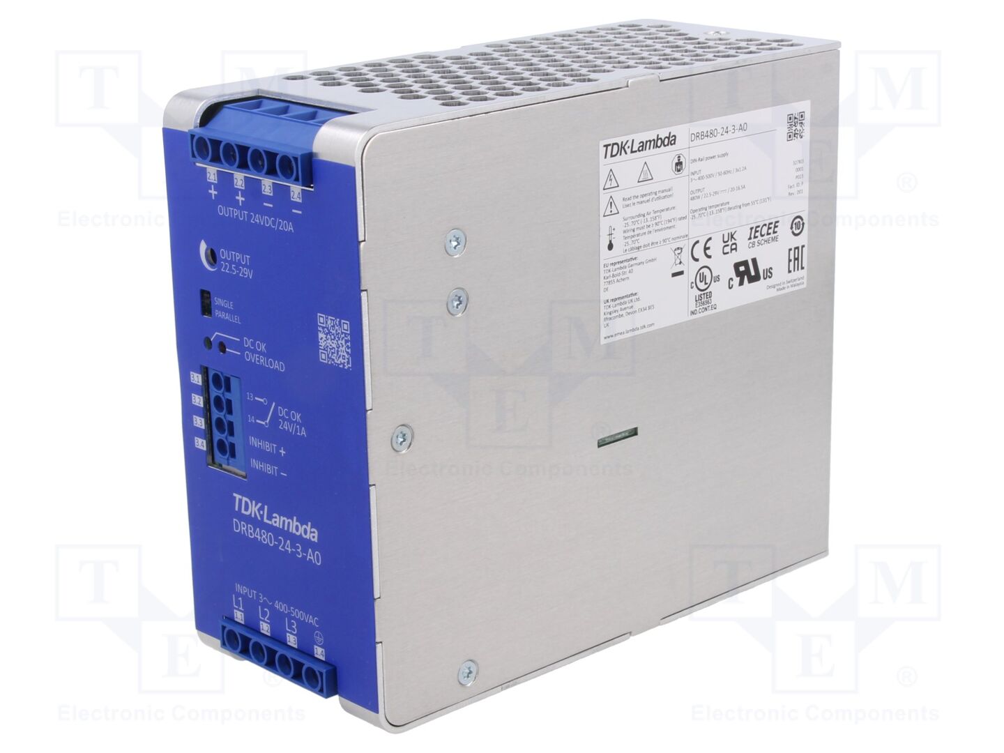 TDK-LAMBDA DRB480-24-3-A0 DIN-kiskoon asennettava kytkentävirtalähde 480W 24VDC
