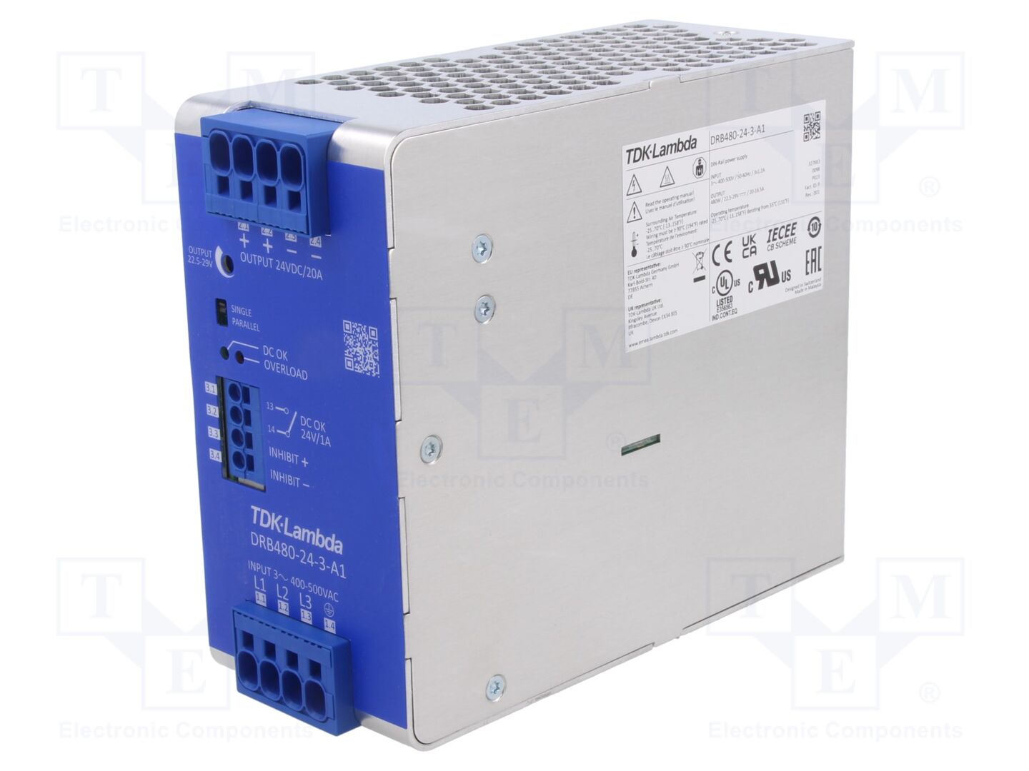 TDK-LAMBDA DRB480-24-3-A1 DIN-kiskoon asennettava kytkentävirtalähde 480W 24VDC