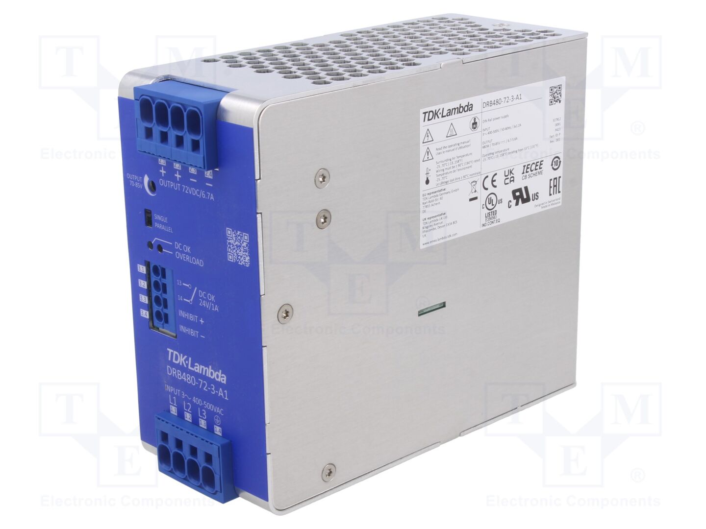 TDK-LAMBDA DRB480-72-3-A1 DIN-kiskoon asennettava kytkentävirtalähde 480W 72VDC