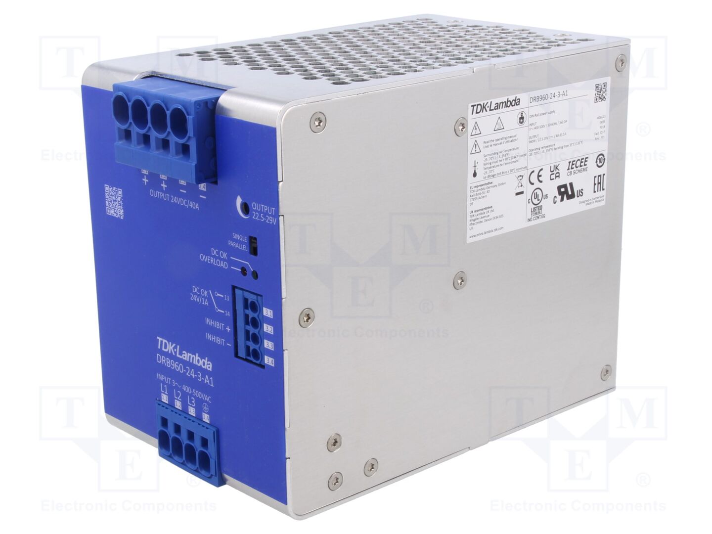 TDK-LAMBDA DRB960-24-3-A1 DIN-kiskoon asennettava kytkentävirtalähde 960W 24VDC 40A