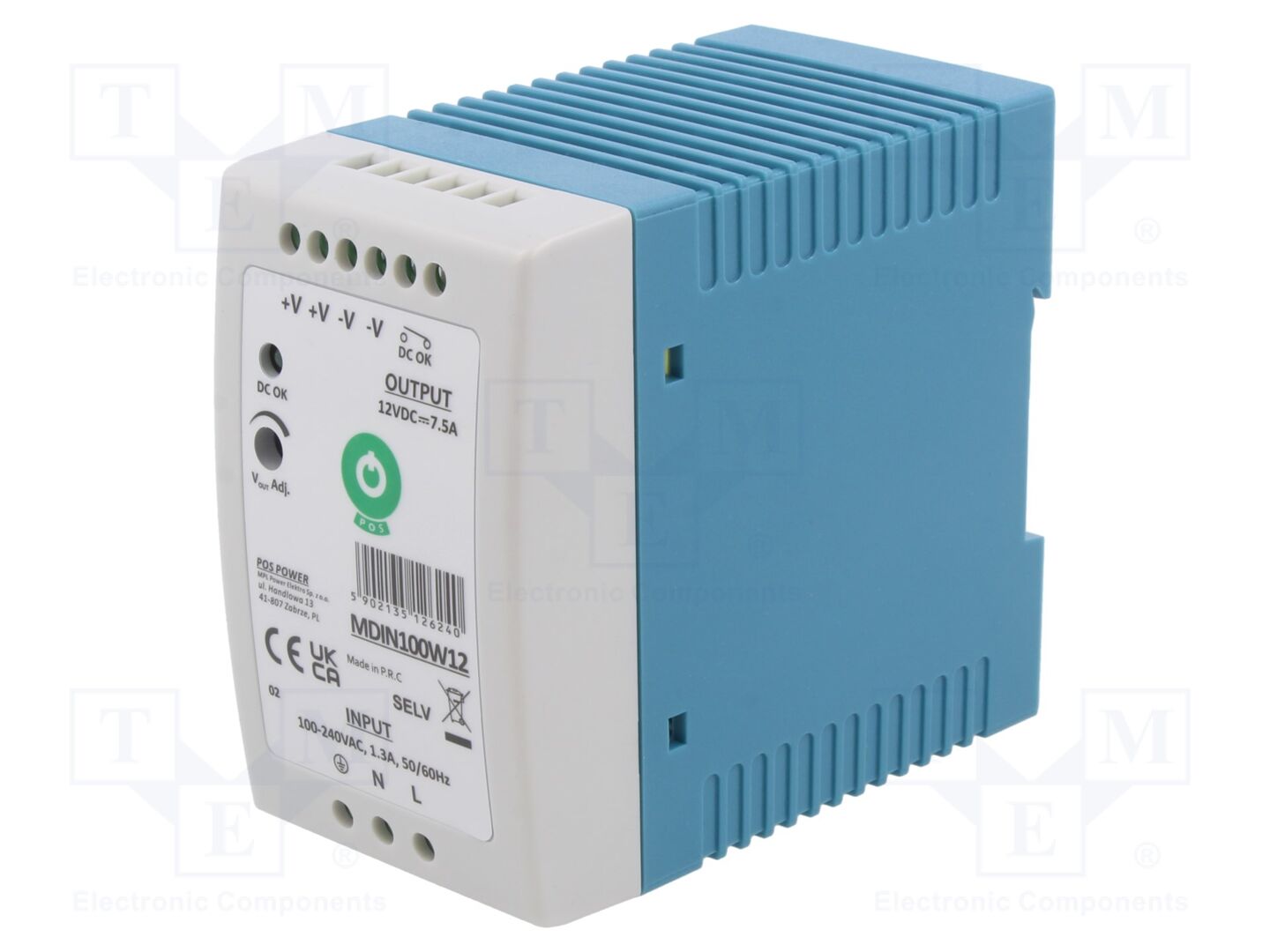 POS MDIN100W12 DIN-kiskoon asennettava kytkentäsähkönsyöttö 100W 12VDC