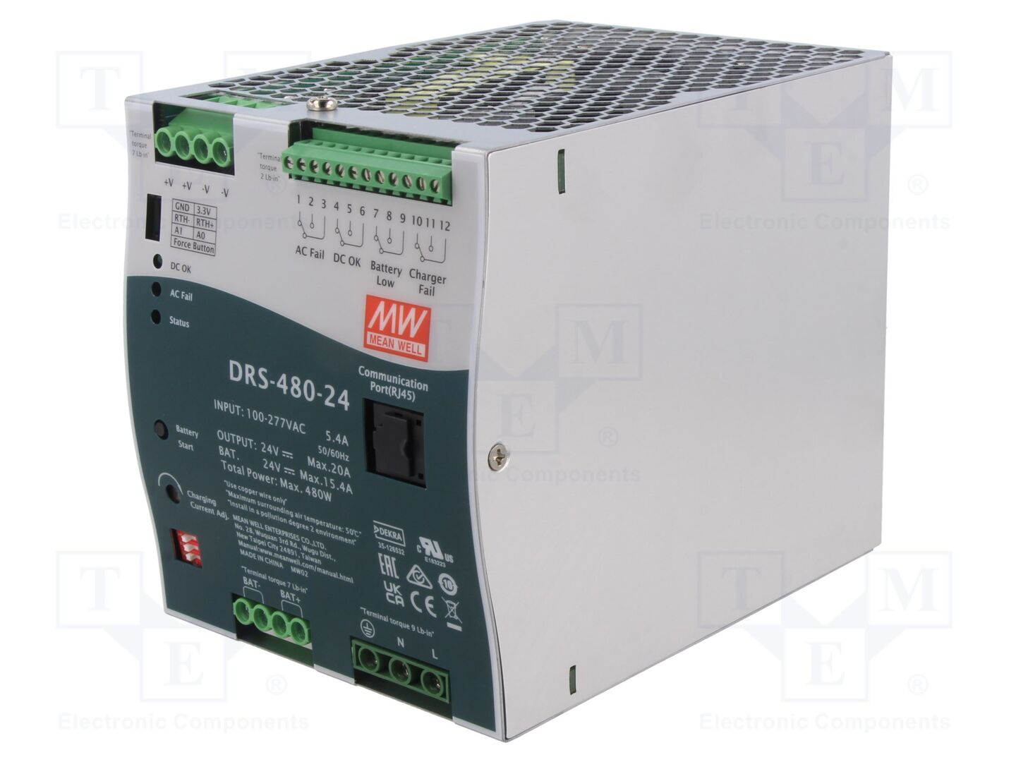 MEAN WELL DRS-480-24 DIN-kiskoon asennettava puskurivirtalähde 480W 24VDC