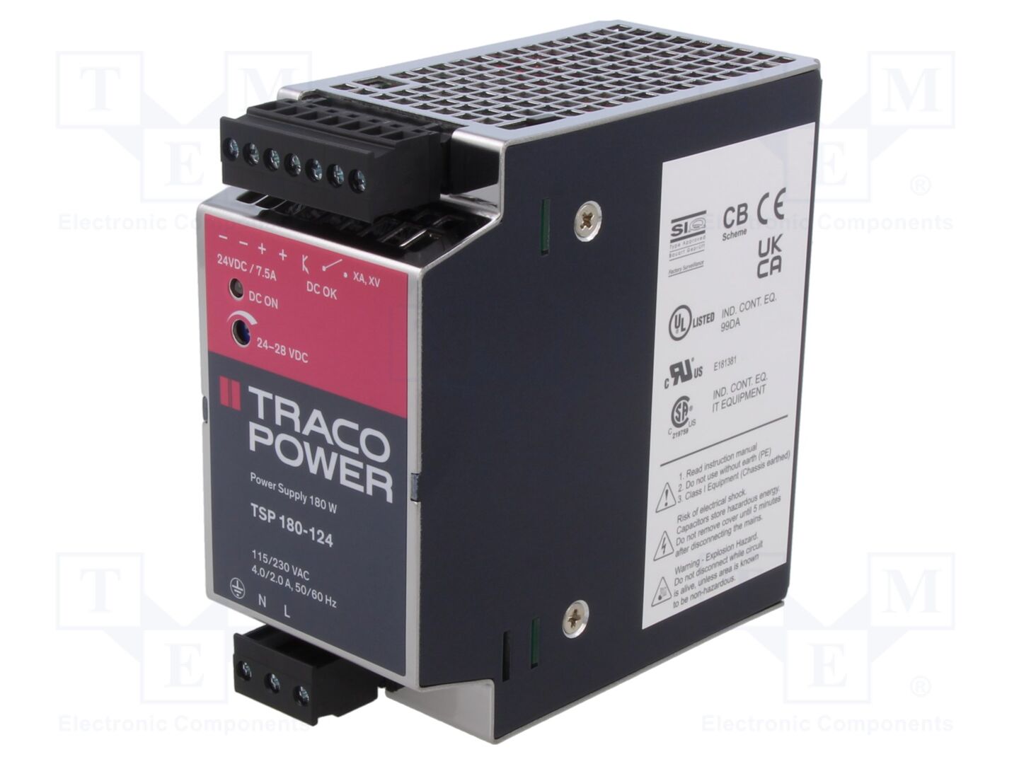 TRACO POWER TSP180-124 DIN-kiskoon kiinnitettävä kytkentäsähköinen virtalähde 180W 24VDC 7,5A