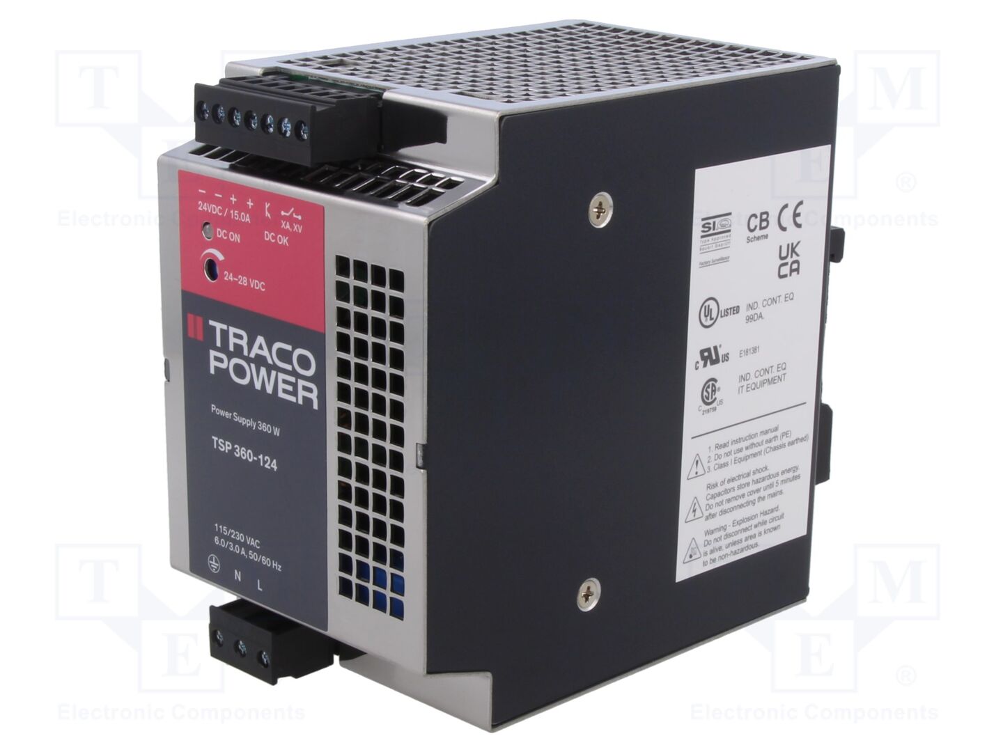 TRACO POWER TSP360-124 DIN-kiskoon asennettava kytkentävirtalähde 360W 24VDC 15A