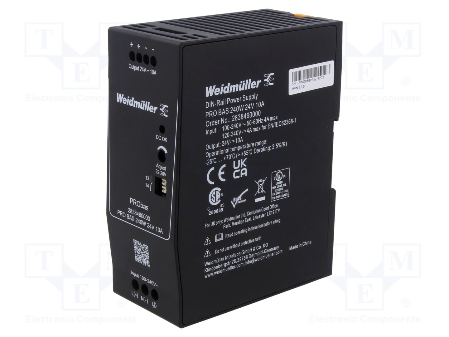 WEIDMÜLLER PROBAS-240W24V10A DIN-kiskokiinnitteinen kytkentävirtalähde 240W 24VDC 10A