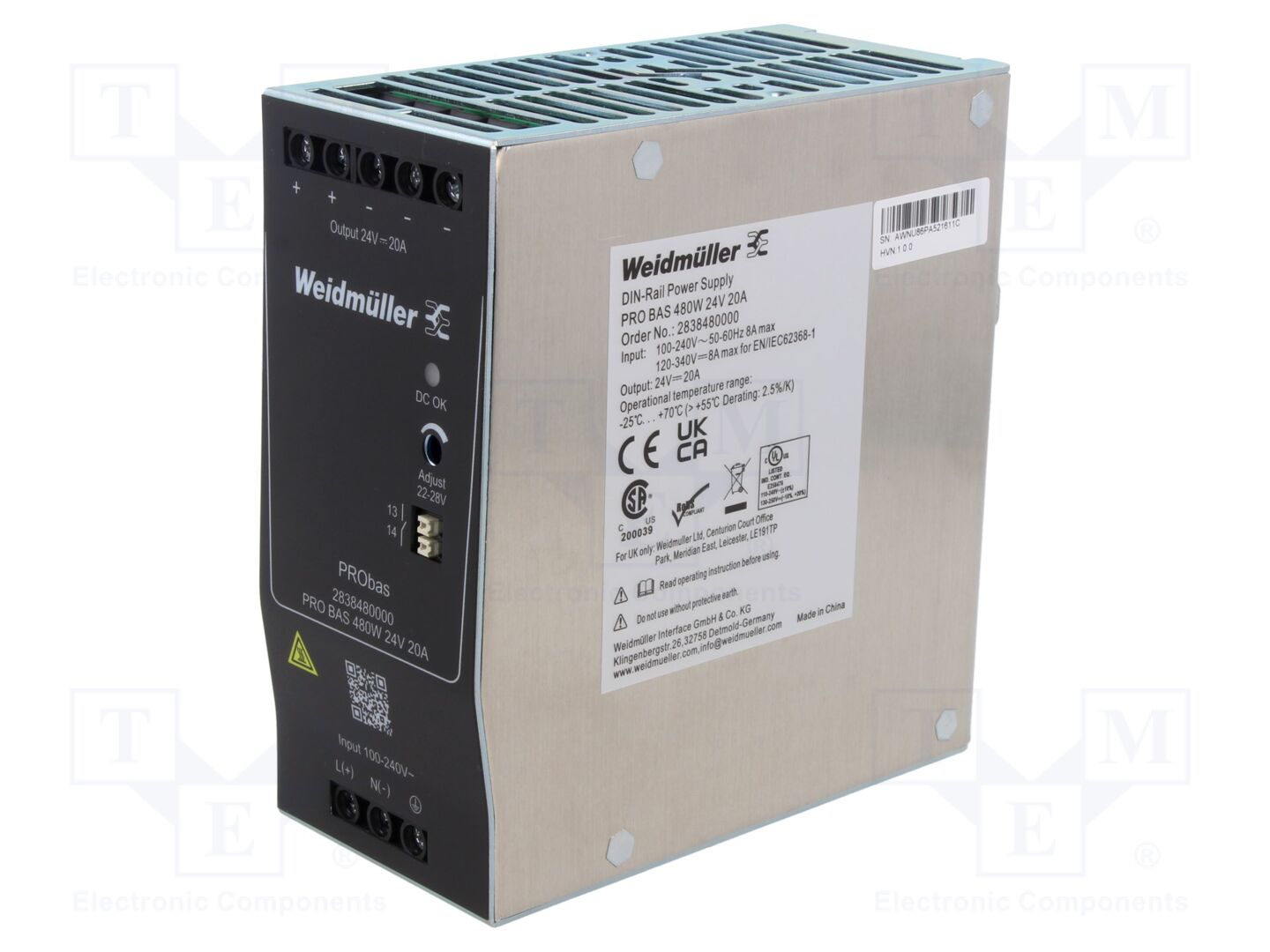 WEIDMÜLLER PROBAS-480W24V20A DIN-kiskokiinnitteinen kytkentävirtalähde 480W 24VDC 20A