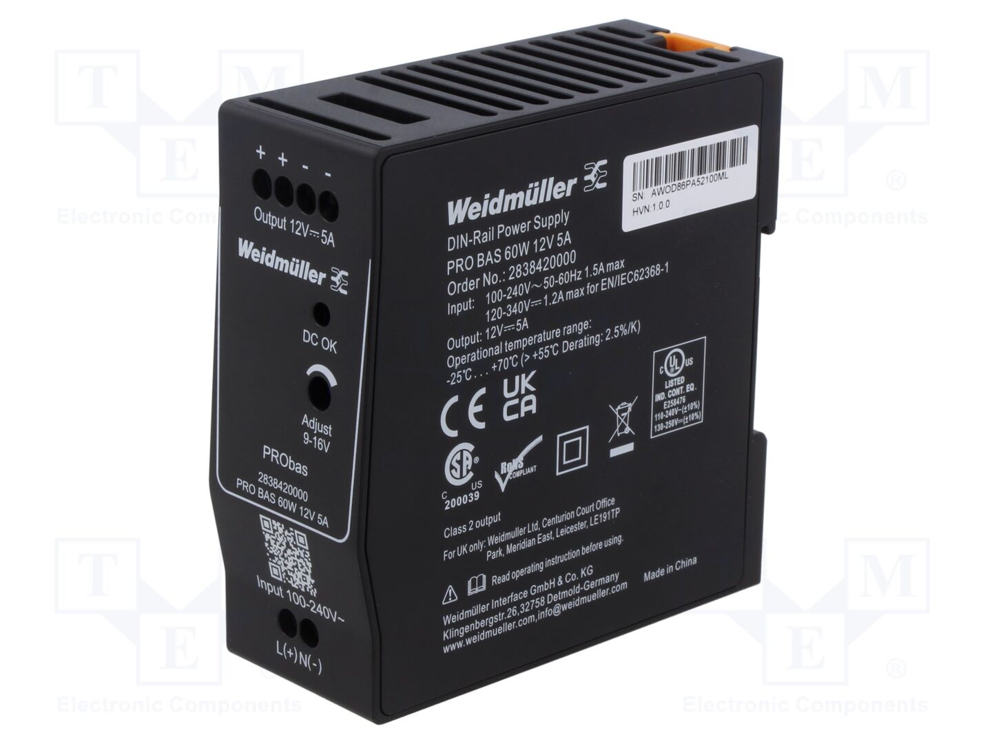 WEIDMÜLLER PROBAS-60W12V5A DIN-kiskoon asennettava kytkentävirtalähde 60W 12VDC 5A