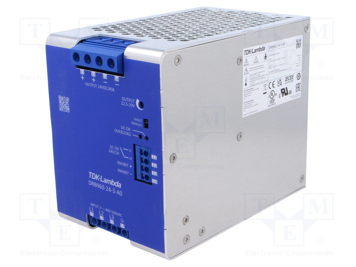 TDK-LAMBDA DRB960-24-3-A0 DIN-kiskolle asennettava kytkentävirtalähde 960W 24VDC 40A