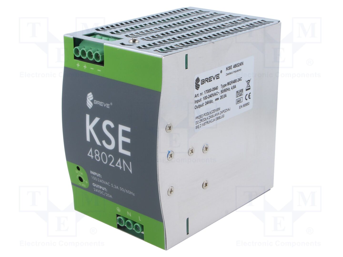 BREVE TUFVASSONS KSE-48024M DIN-kiskokytketty kytkentävirtalähde 480W 24VDC 20A