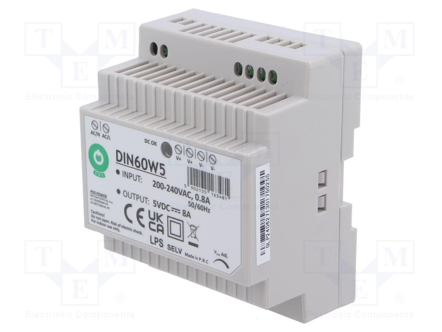 POS POS-DIN60W5 DIN-kiskoon asennettava kytkentävirtalähde 60W 5VDC 8A