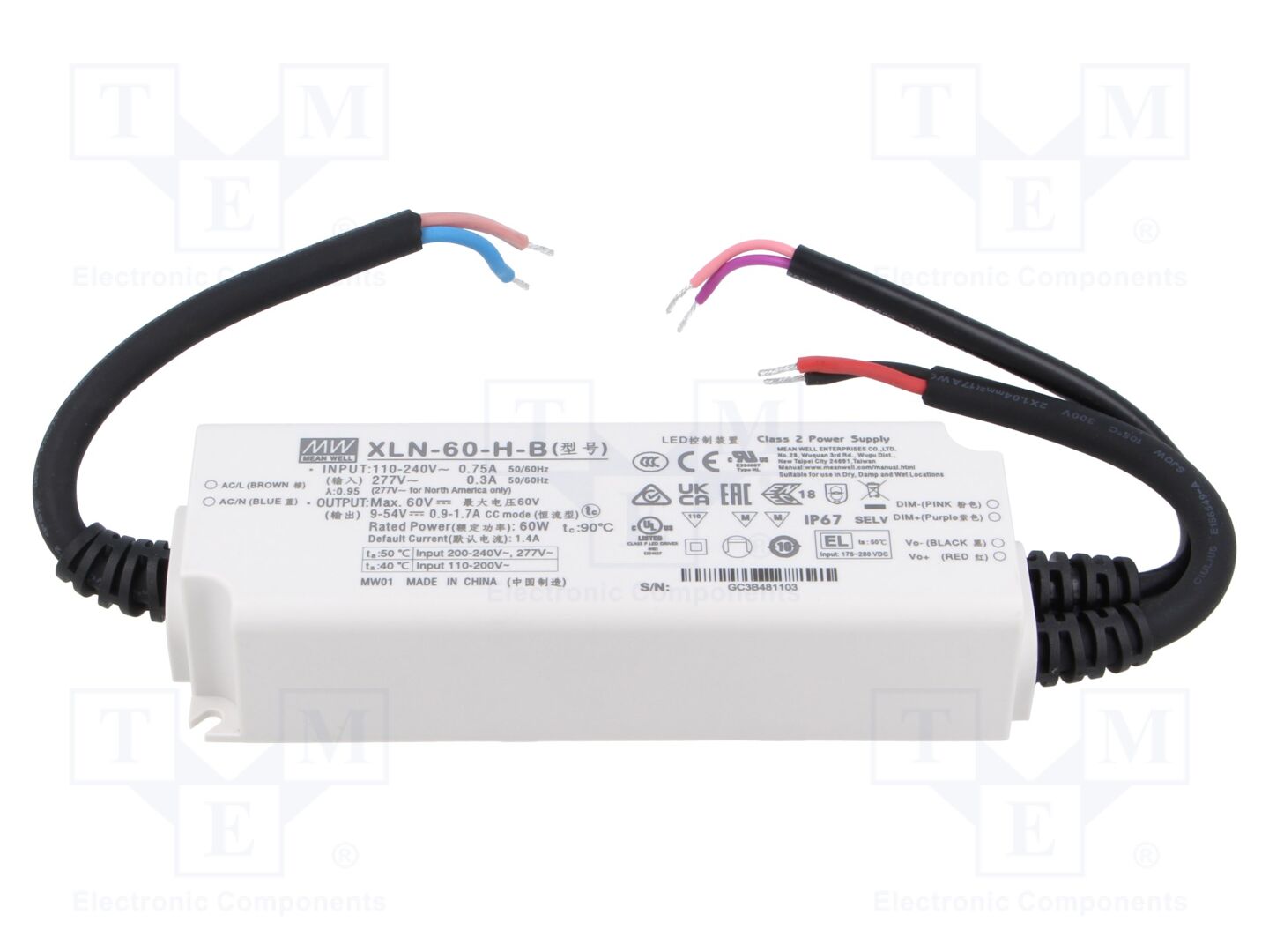MEAN WELL XLN-60-H-B LED-verkkolaite 60W 9-54VDC 900mA-1.7A