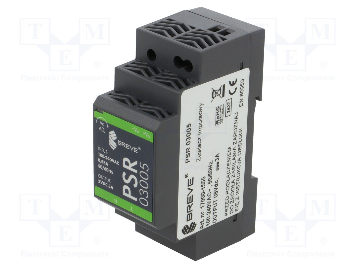 BREVE TUFVASSONS PSR-03005 DIN-kiskoon asennettava kytkentävirtalähde 15W 5VDC 3A