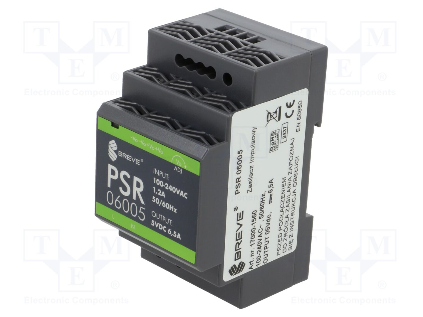 BREVE TUFVASSONS PSR-06005 DIN-kiskoon kiinnitettävä kytkentävirtalähde 32,5W 5VDC 6,5A