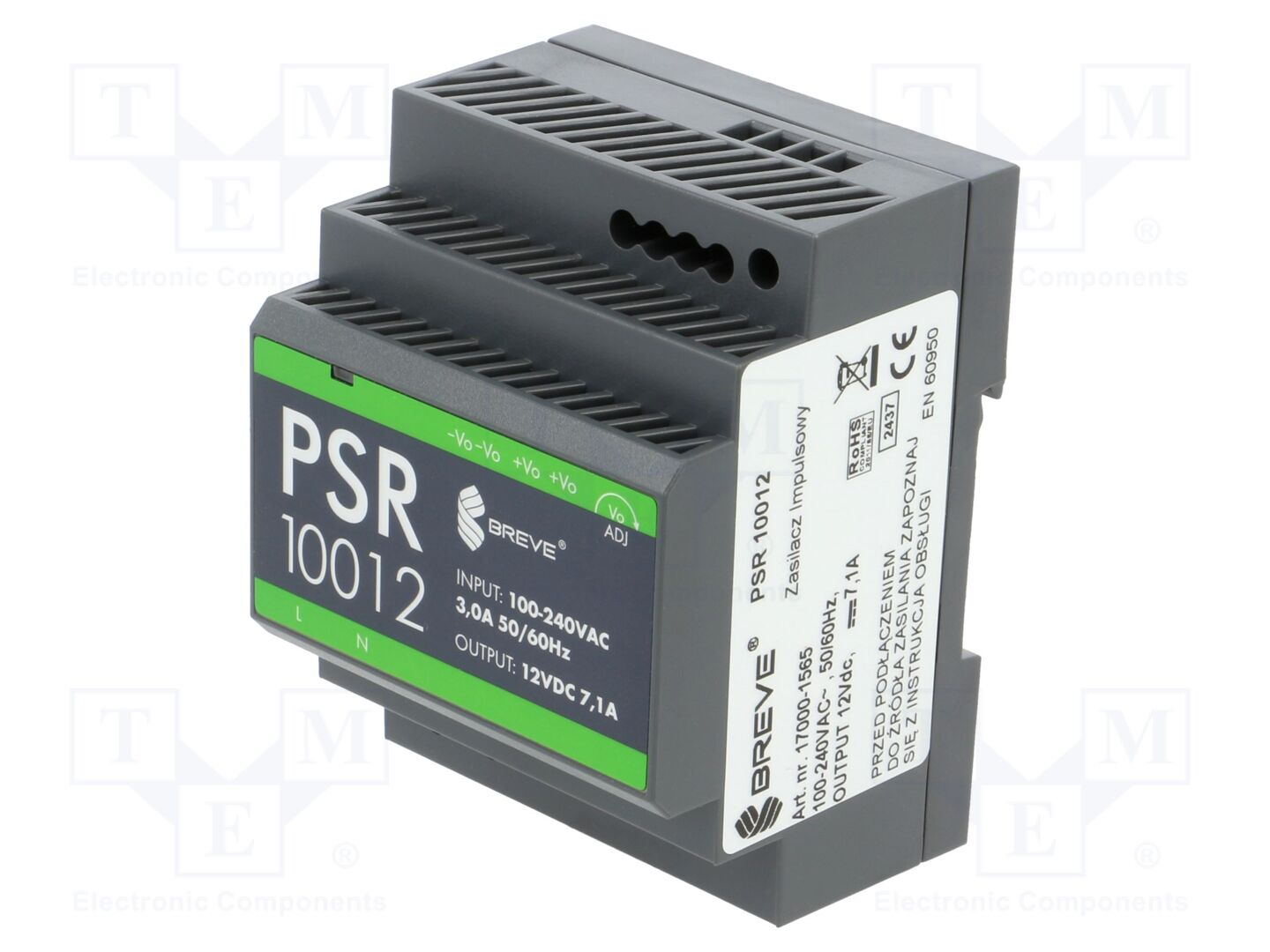 BREVE TUFVASSONS PSR-10012 DIN-kiskolle asennettava kytkentäsähkönsyöttö 85,2W 12VDC