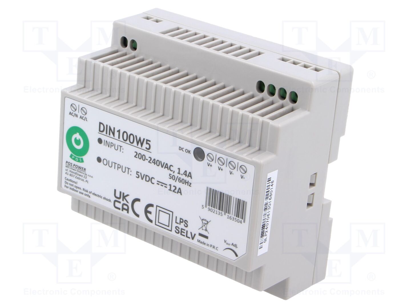 POS POS-DIN100W5 DIN-kiskoon asennettava kytkentävirtalähde 60W 5VDC 12A