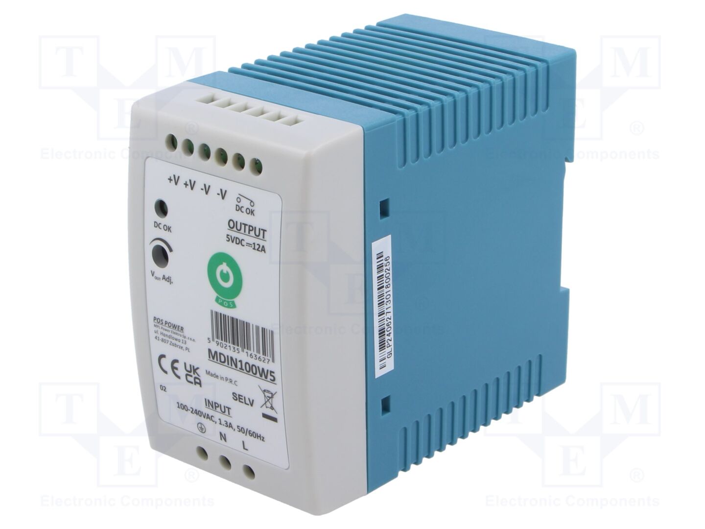 POS POS-MDIN100W5 DIN-kiskoon asennettava kytkentävirtalähde 50W 5VDC 10A