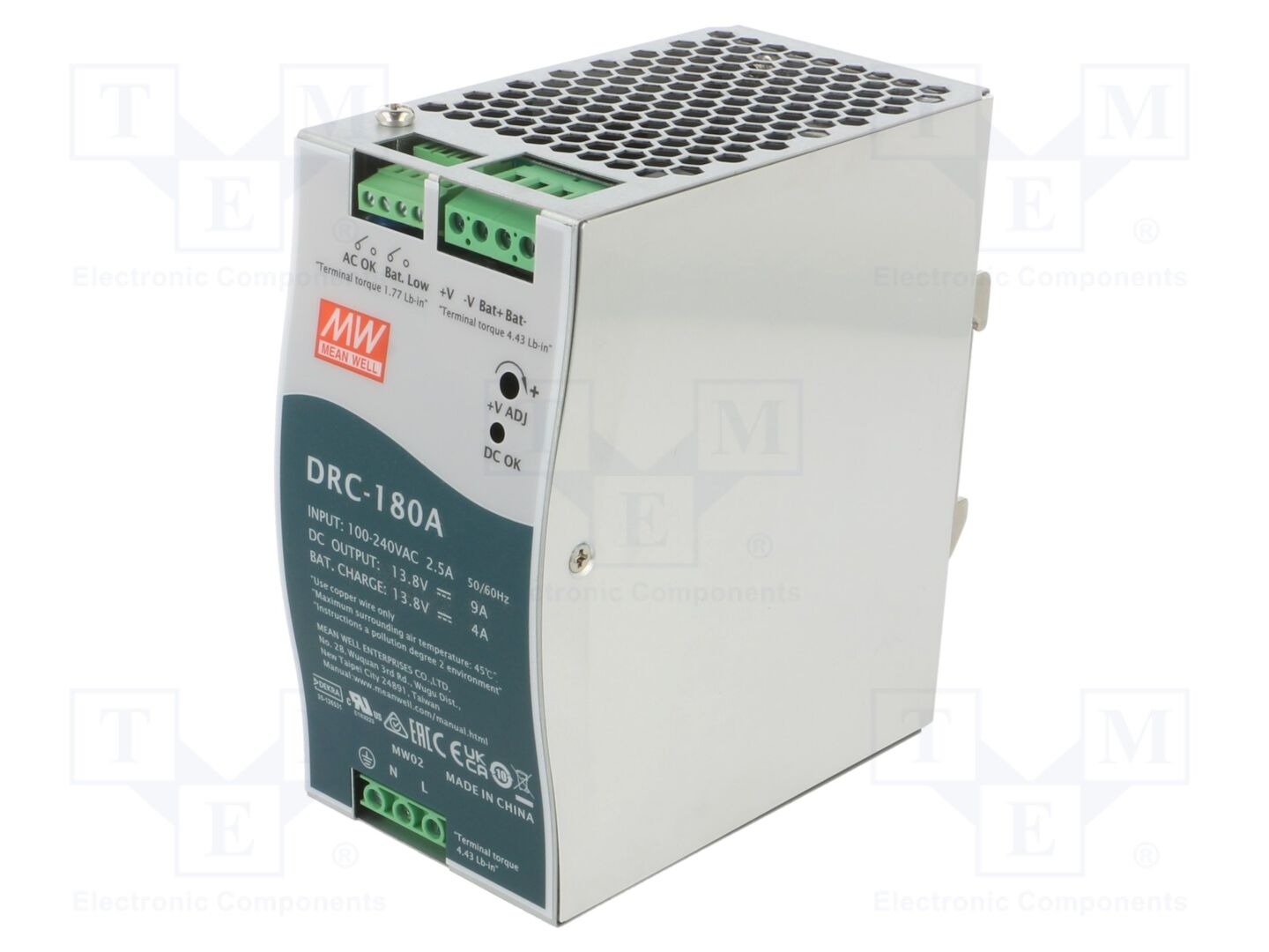 MEAN WELL DRC-180A DIN-kiskoon asennettava kytkentäsähkölaite 180W 13.8VDC 9A