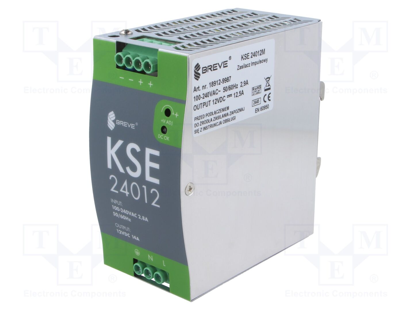 BREVE TUFVASSONS KSE-24012M DIN-kiskoon asennettava kytkentävirtalähde 168W 12VDC 14A