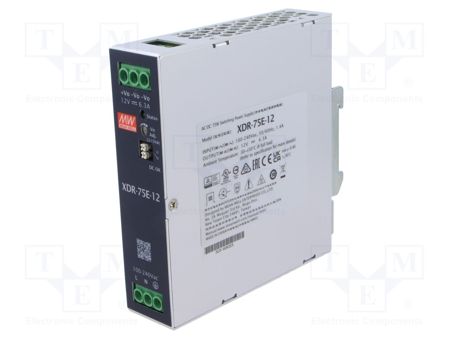 MEAN WELL XDR-75E-12 DIN-kiskoon asennettava kytkentävirtalähde 75W 12VDC