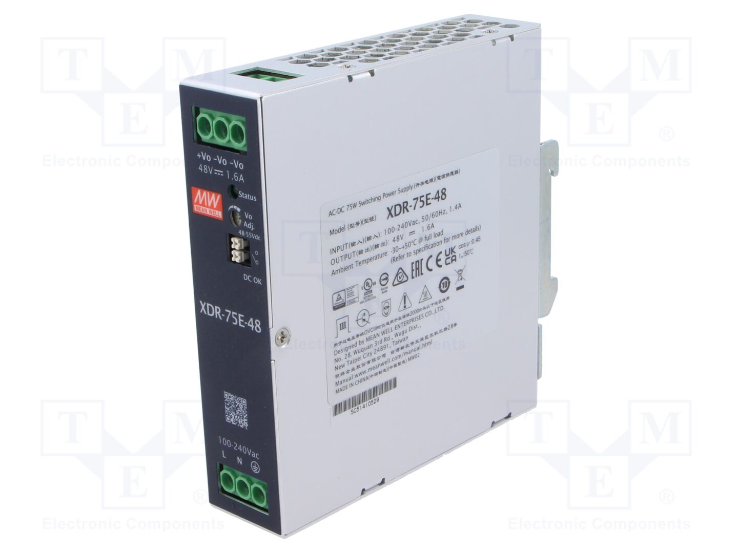 MEAN WELL XDR-75E-48 DIN-kiskoon asennettava kytkentävirtalähde 75W 48VDC