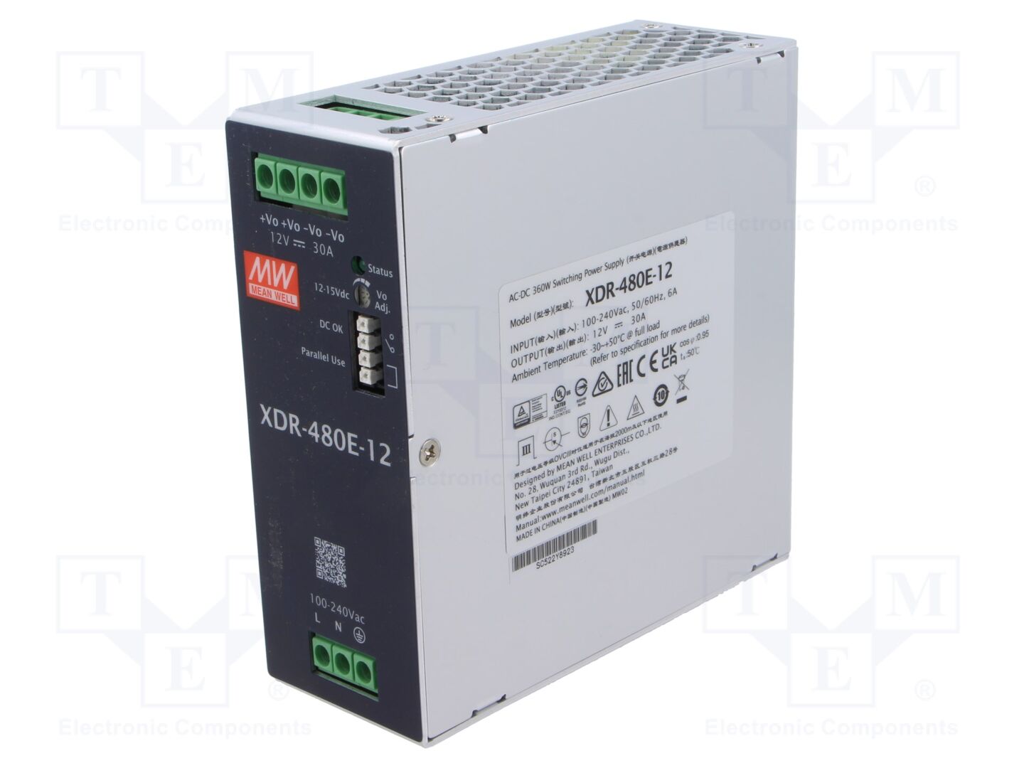 MEAN WELL XDR-480E-12 DIN-kiskoon asennettava kytkentävirtalähde 480W 12VDC