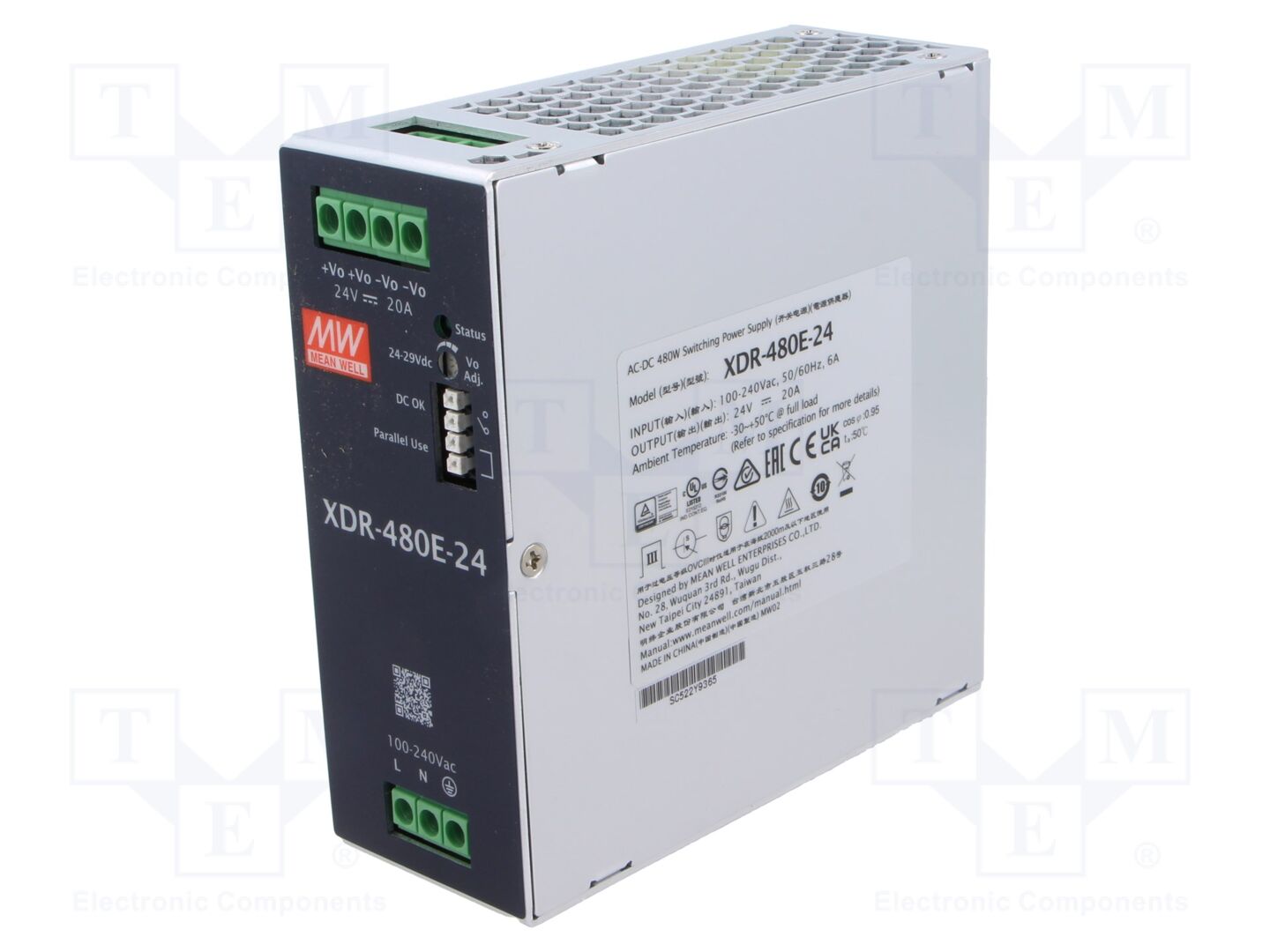 MEAN WELL XDR-480E-24 DIN-kiskoon asennettava kytkentävirtalähde 480W 24VDC