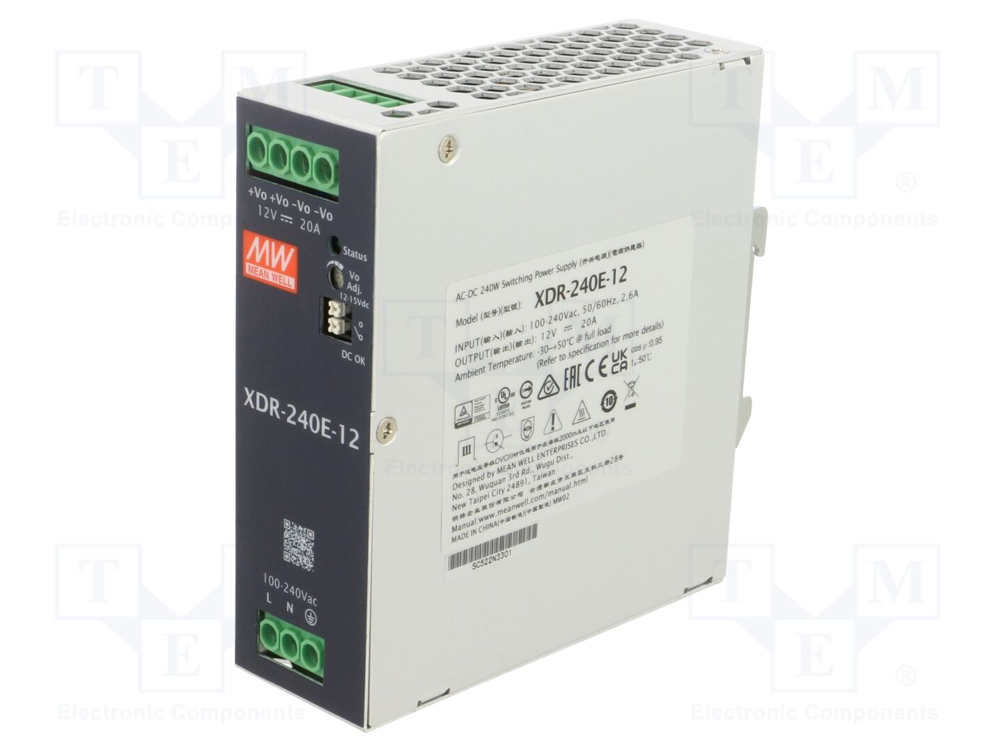 MEAN WELL XDR-240E-12 DIN-kiskoon asennettava kytkentäsähkönsyöttö 240W 12VDC