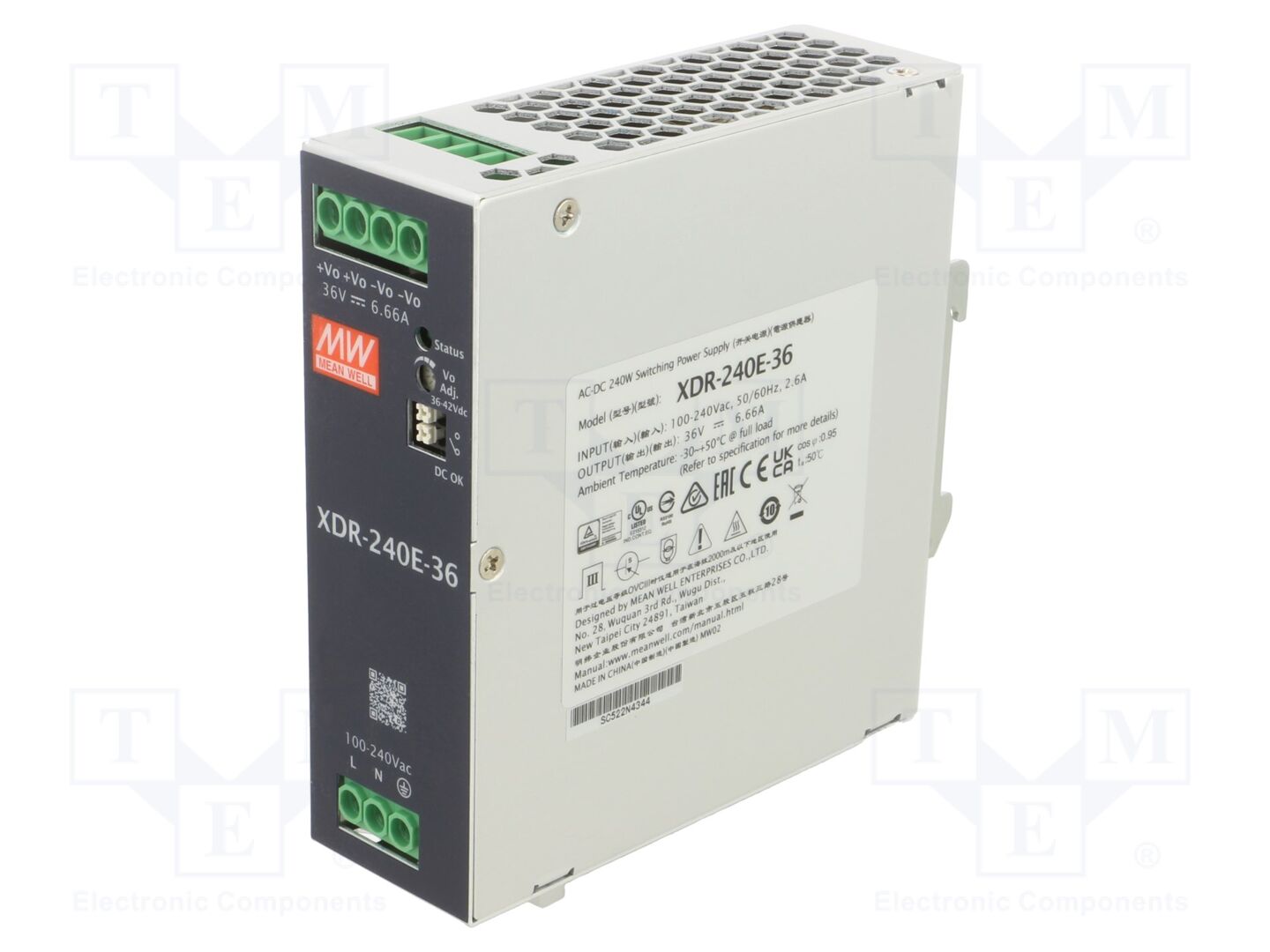 MEAN WELL XDR-240E-36 DIN-kiskoon asennettava kytkentävirtalähde 240W 36VDC