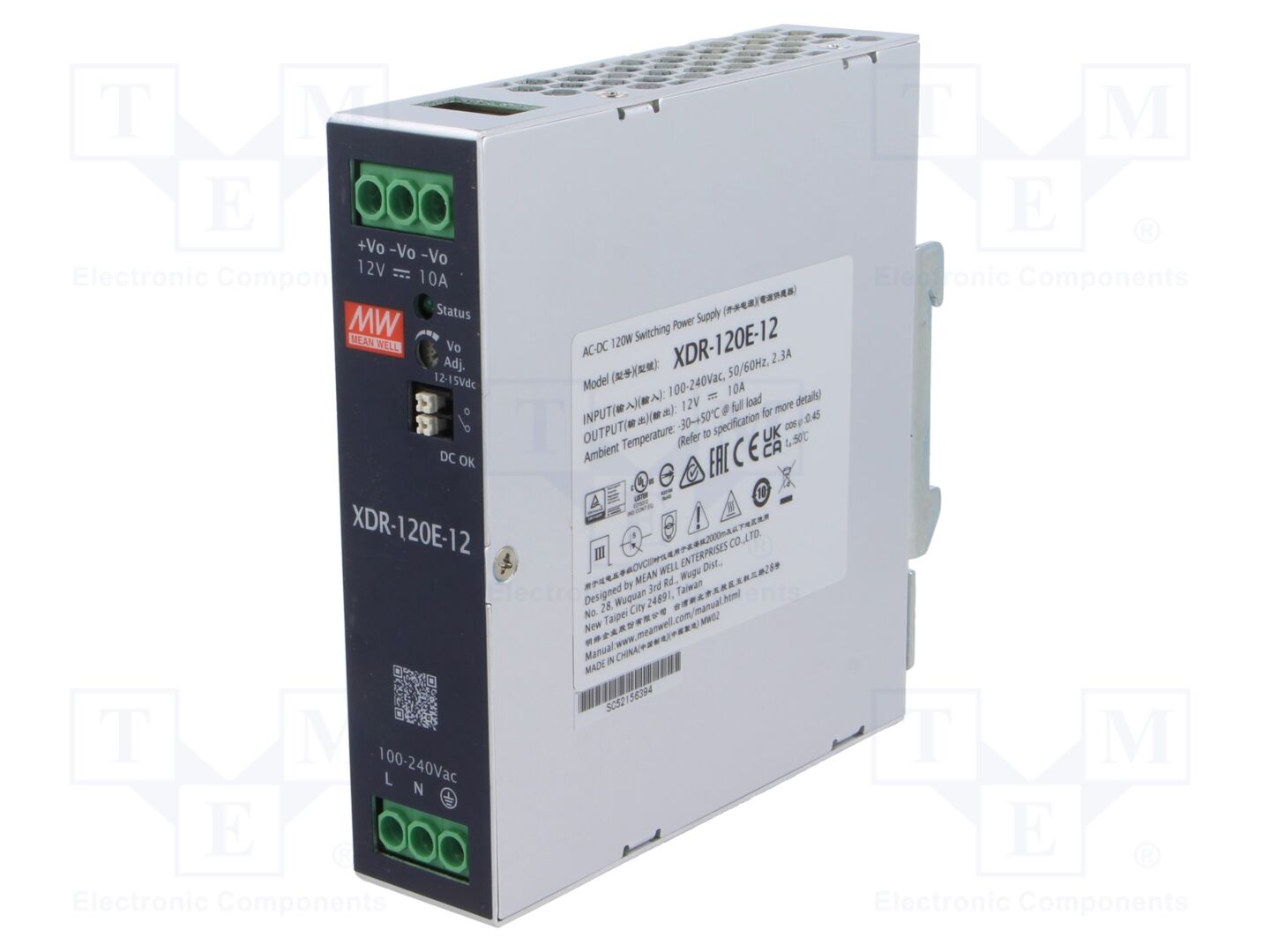 MEAN WELL XDR-120E-12 DIN-kiskoon asennettava kytkentäsähkönsyöttö 120W 12VDC