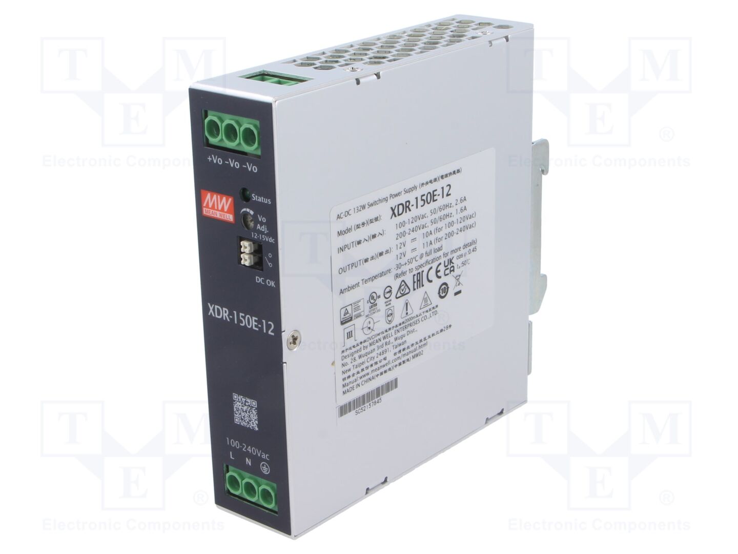 MEAN WELL XDR-150E-12 DIN-kiskoon asennettava kytkentävirtalähde 12VDC 11A