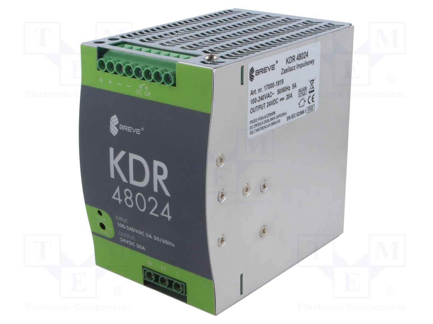 BREVE TUFVASSONS KDR-48024 DIN-kiskoon asennettava kytkentävirtalähde 480W