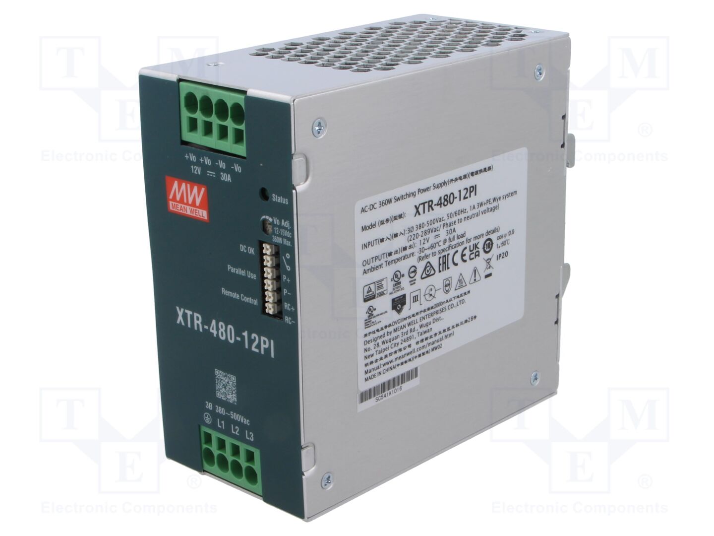 MEAN WELL XTR-480-12PI DIN-kiskoon asennettava kytkentävirtalähde 360W 12VDC